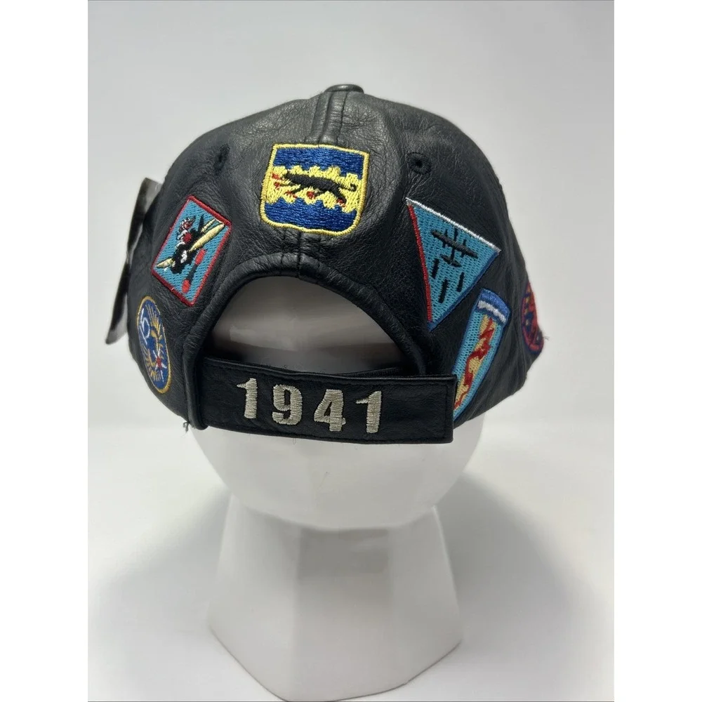 VTG Tuskegee Airman Leather Baseball Cap‎ Hat Black Never Forgotten 1941 Patches